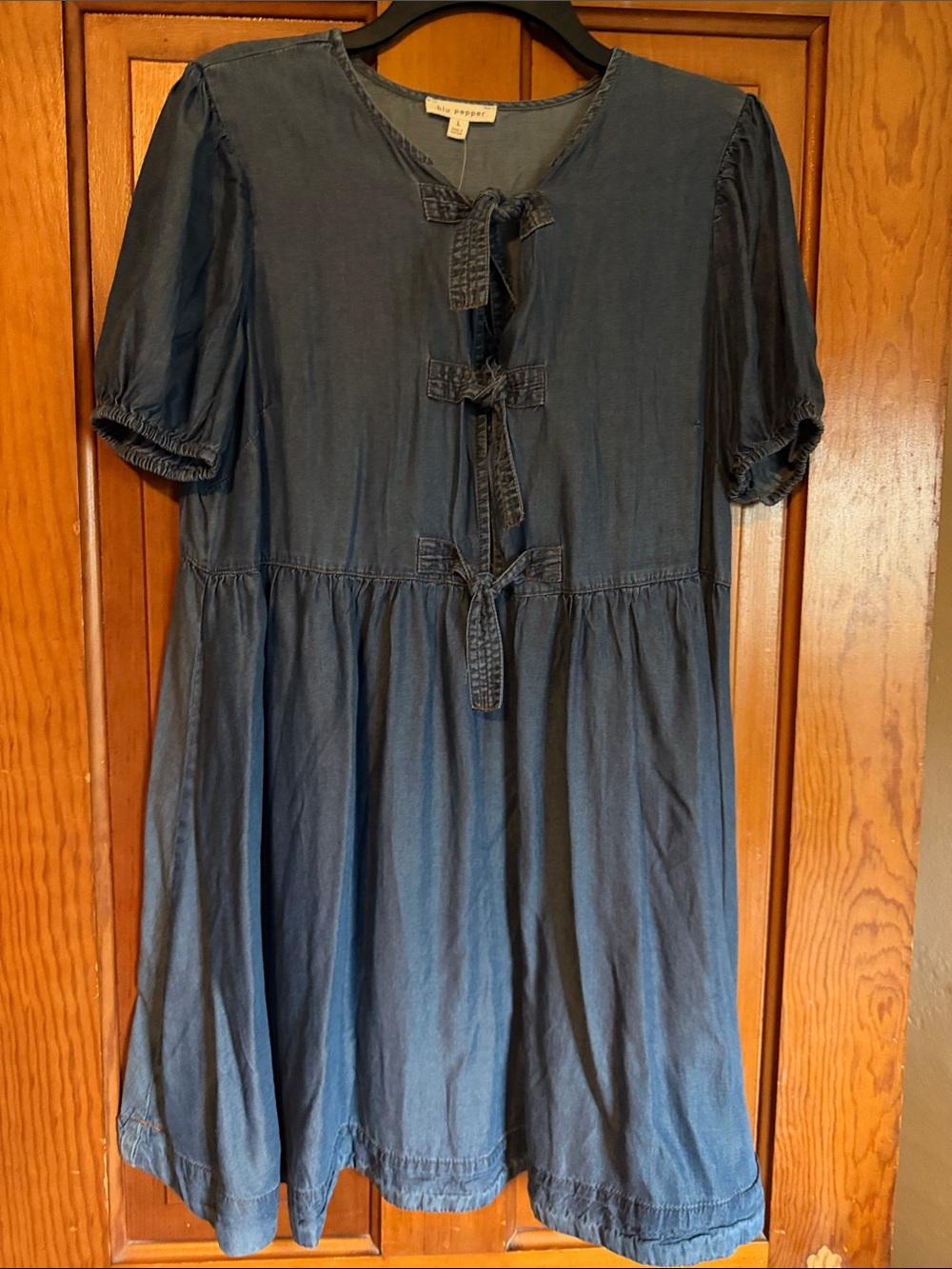 Blu Pepper Denim-Effect Tie-Front Kids Dress - Blue